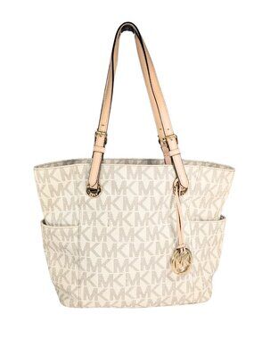 Michael Kors White Signature East West PVC Leather Jet Set Tote Bag